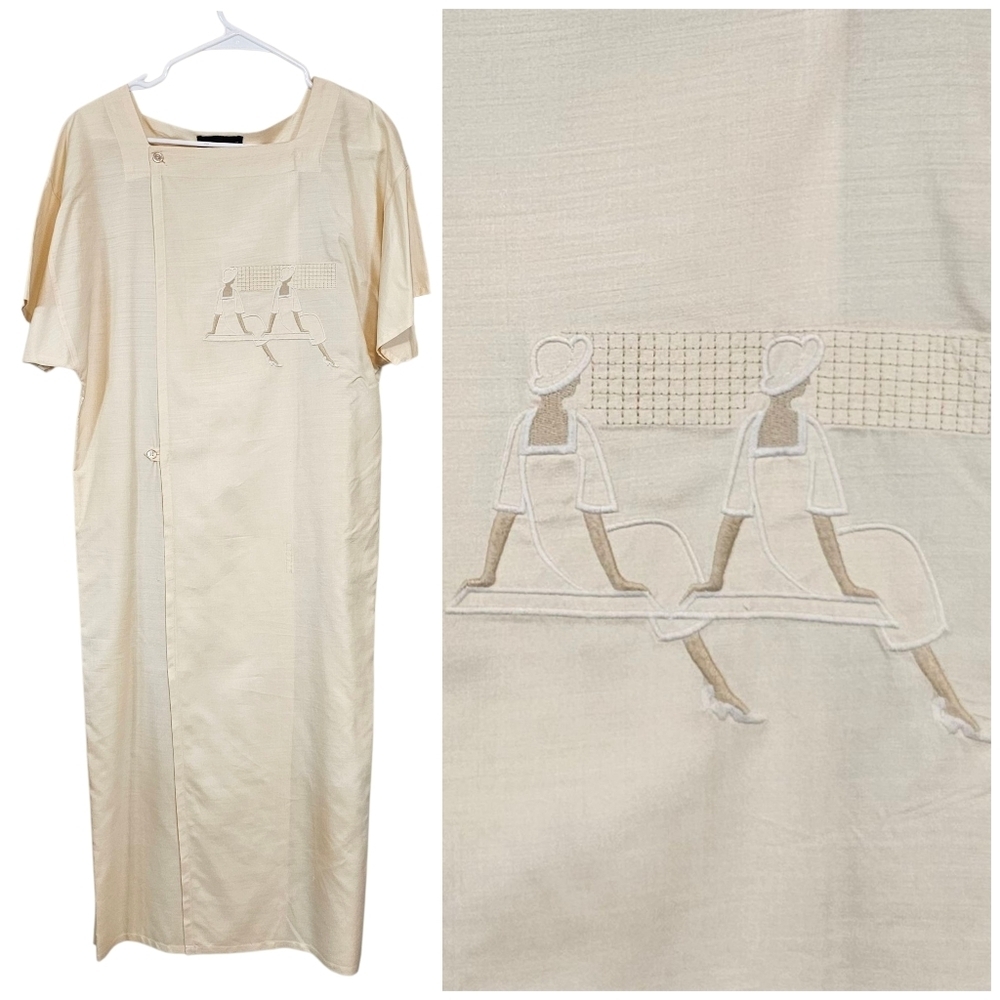 Daniel Hechter Silk 70s Embroidered Ladies Hat on Bench Maxi Ivory Dress